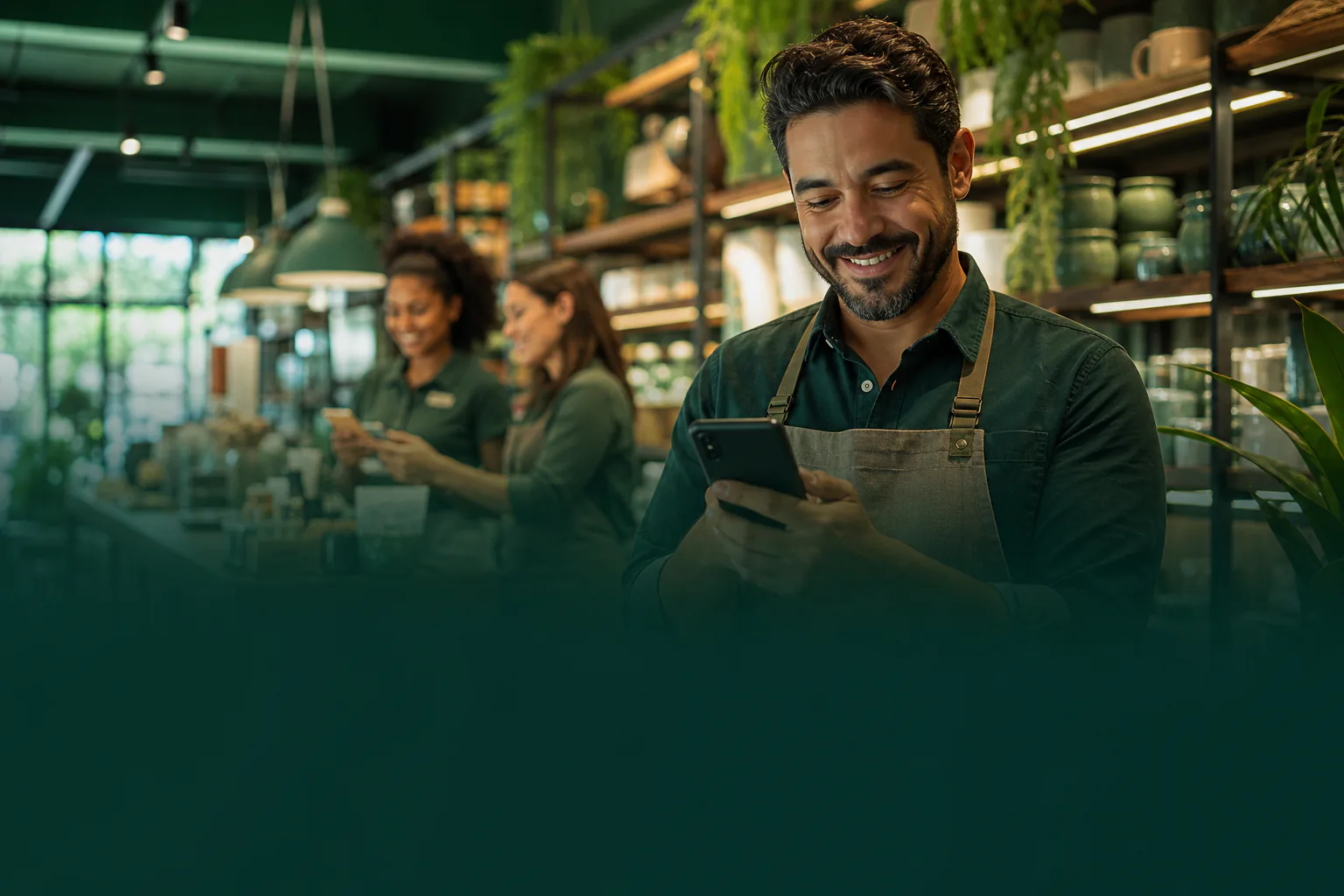 Mercadinho com atendente presencial e outro atendendo clientes online pelo celular